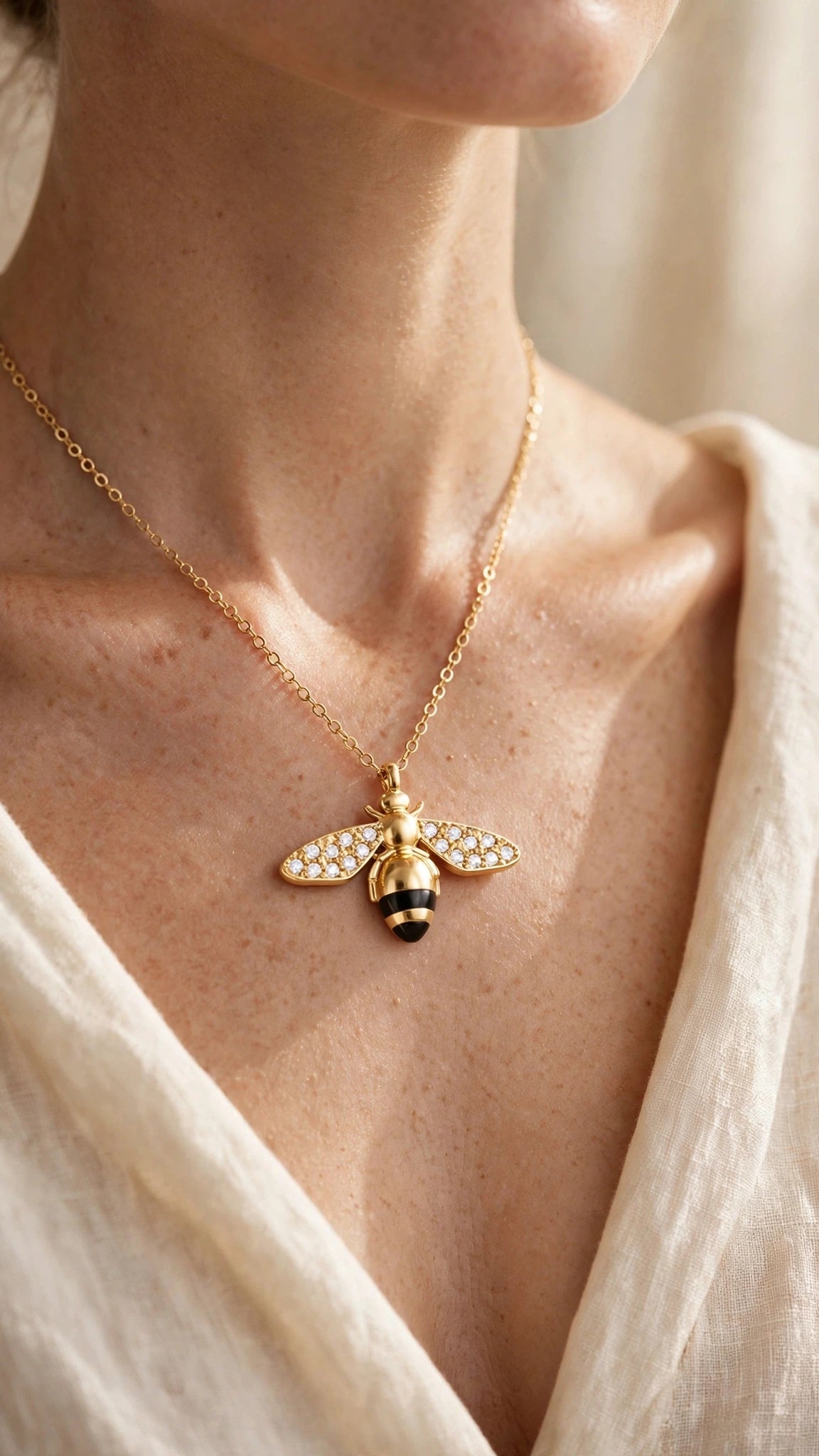 Abeja Dorada bee pendant necklace worn at the collarbone