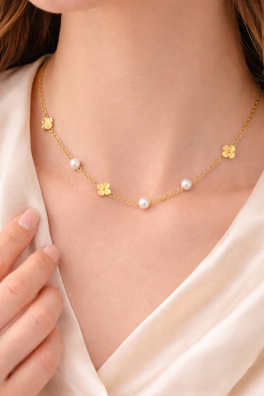 Floral Pearl Gold-Tone Necklace & Bracelet Set