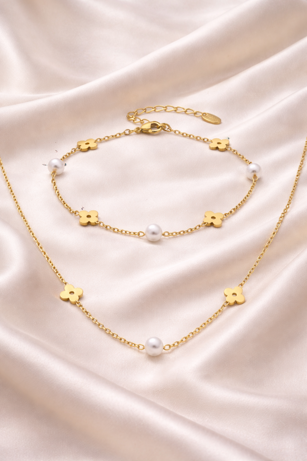 Floral Pearl Gold-Tone Necklace & Bracelet Set