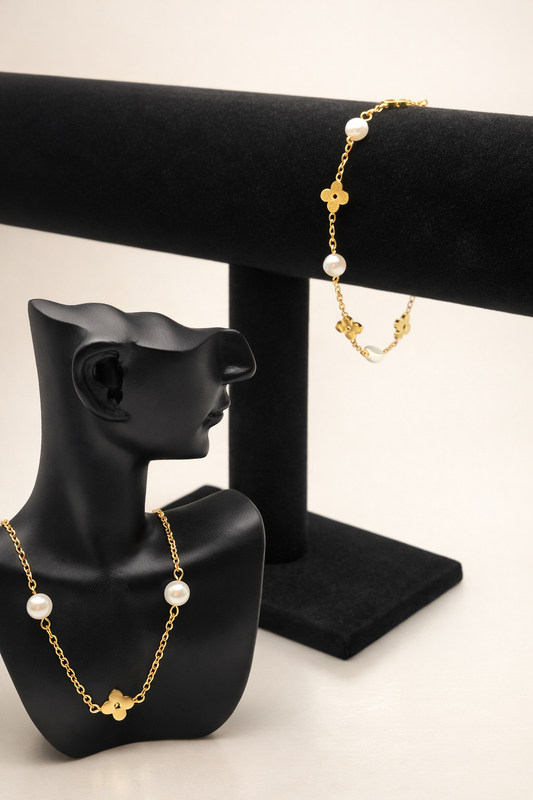 Floral Pearl Gold-Tone Necklace & Bracelet Set