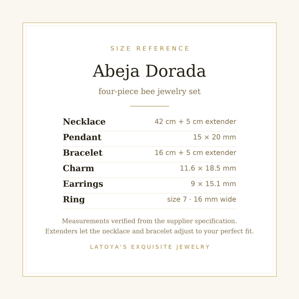 Abeja Dorada size reference — necklace 42 cm plus 5 cm extender, bracelet 16 cm plus 5 cm extender, pendant 15 by 20 mm, earrings 9 by 15.1 mm, ring size 7, 16 mm wide