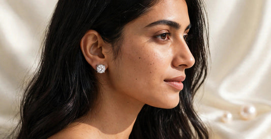 Elara studs in steel, model three-quarter view