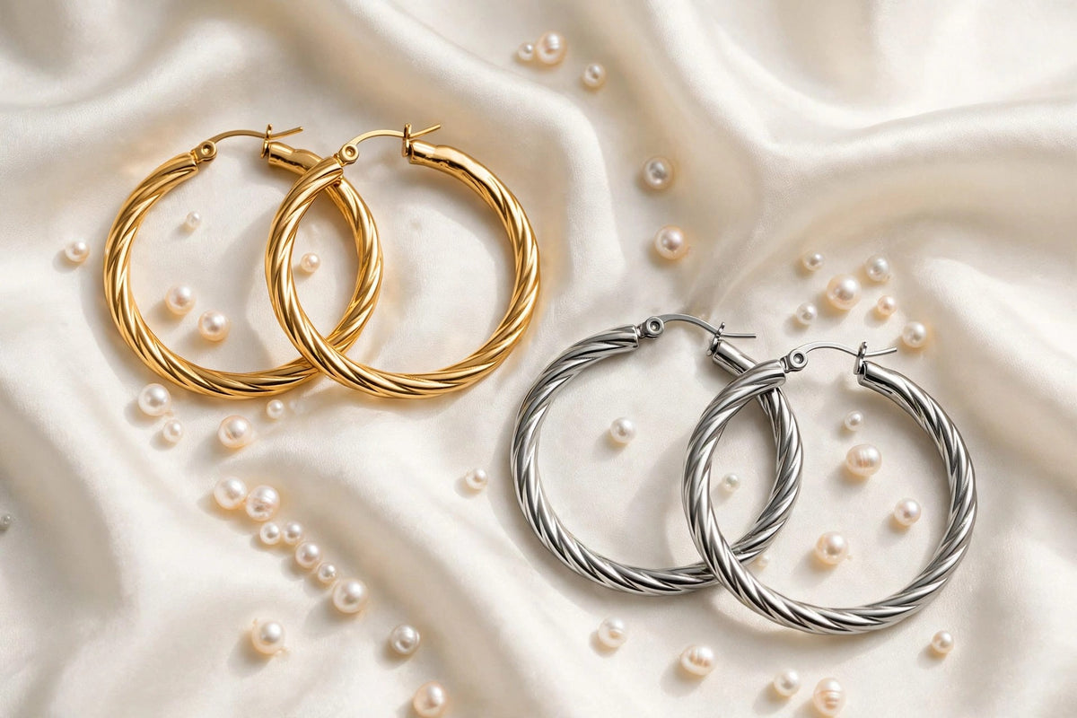 Rosali hoops styled flat-lay with pearls