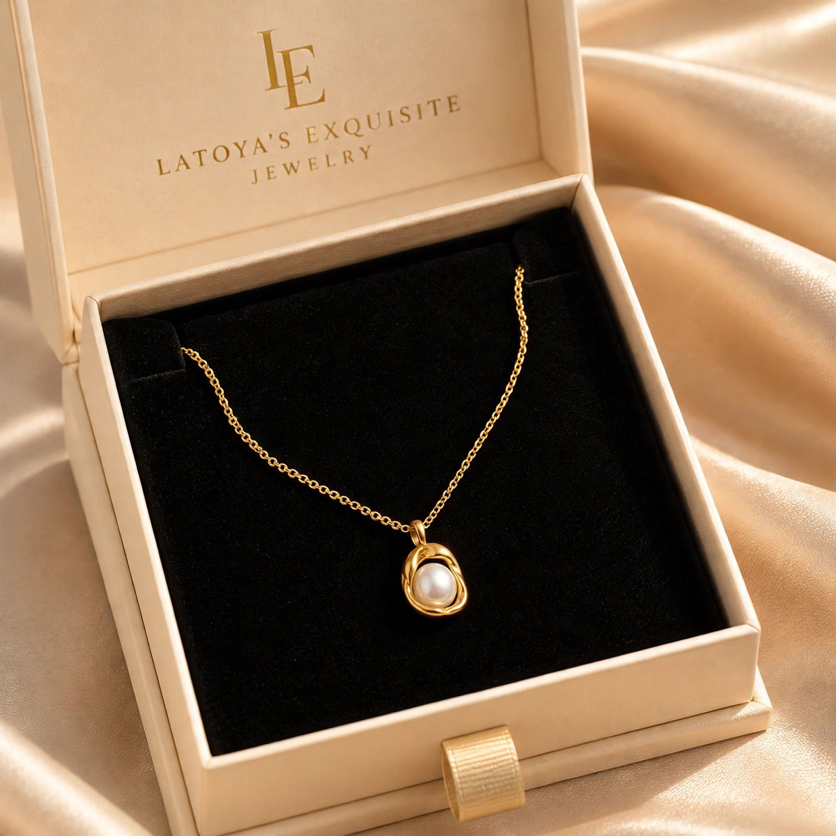 Valora necklace presented in a champagne jewelry box with black velvet insert